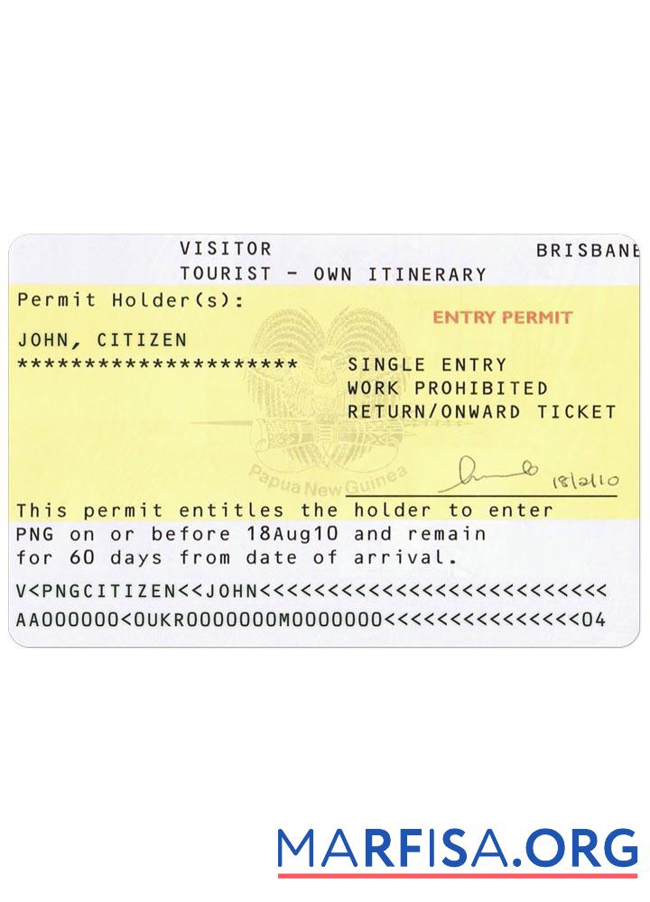 Blank Papua New Guinea visa real example